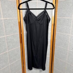 Vintage Nylon Full Slip Lorraine Black Lace Trim Nylon Slip Dress Tall 34 Midi